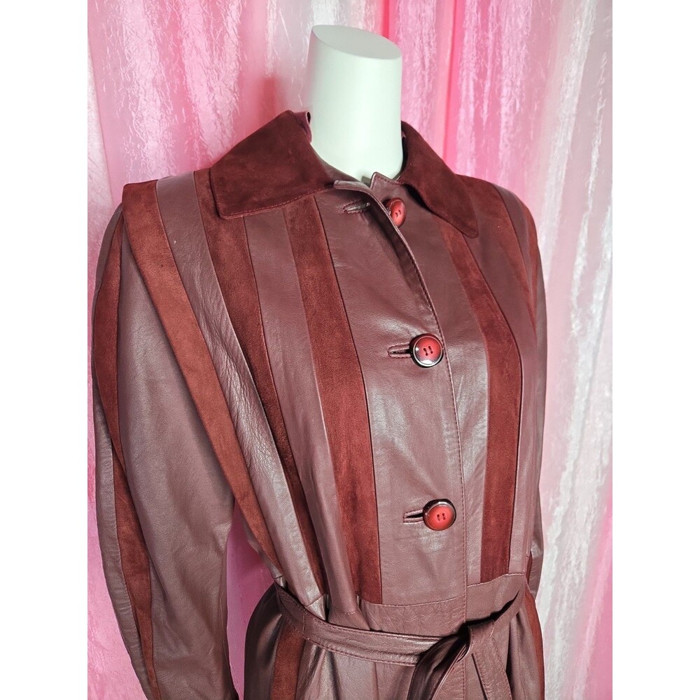 Y2K Exquisite Brick Red Soft Leather Suede Retro Trench Coat Size Medium 8 - Picture 3 of 16